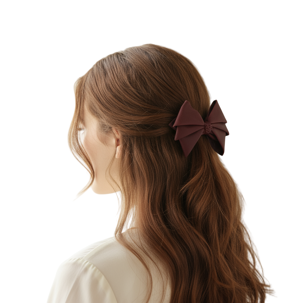 Model wearing burgundy leather bow hair clip