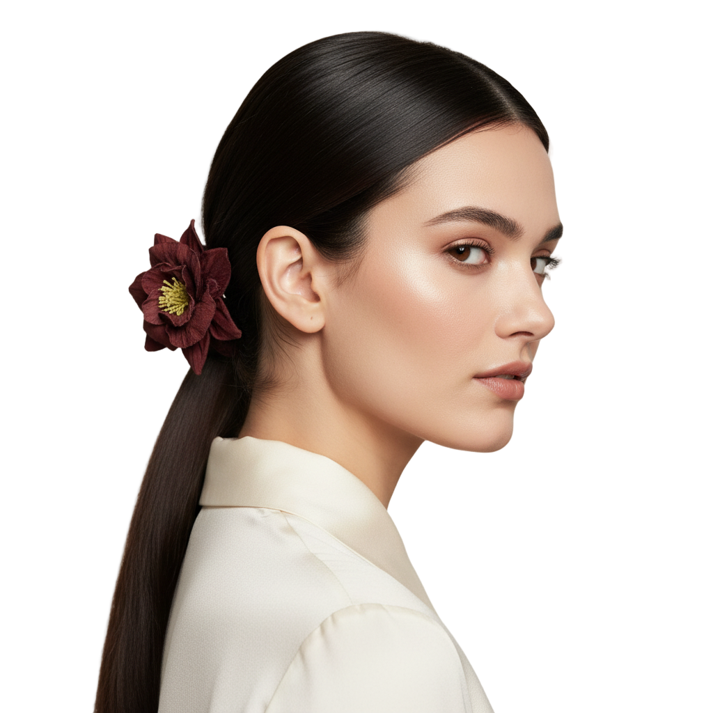 Model wearing burgundy leather flower hair tie