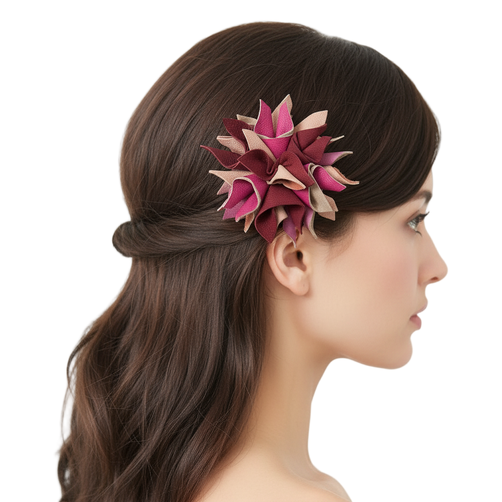 Model wearing burgundy, pink and gold leather flower hair clip
