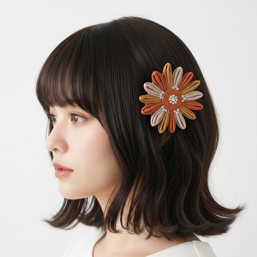 Model wearing flower hair clip
