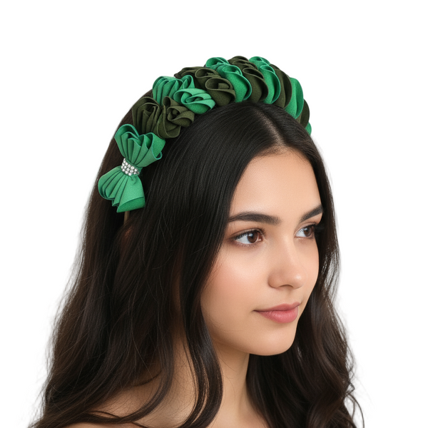 Model wearing green petal headband with correct alternating pattern