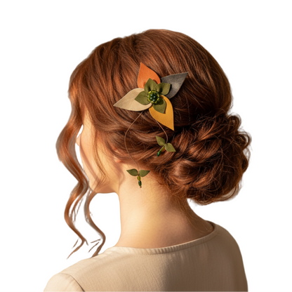 Model wearing handmade leather hair clip