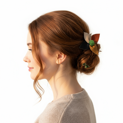 Model wearing handmade leather hair clip