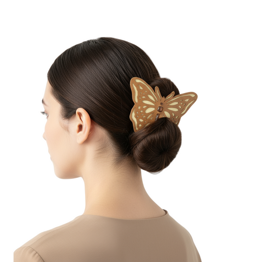 Model wearing large butterfly hair accessory