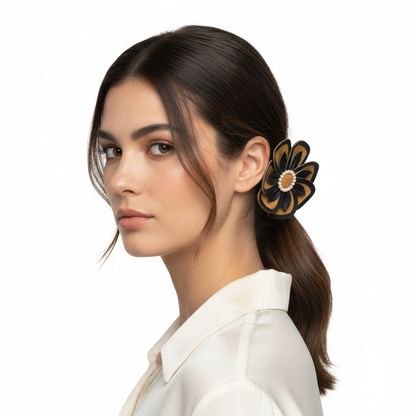 Model wearing leather flower hair tie