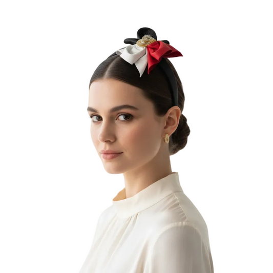 Model wearing leather flower headband