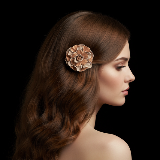 Model wearing peach and tan leather rose hair clip with black background