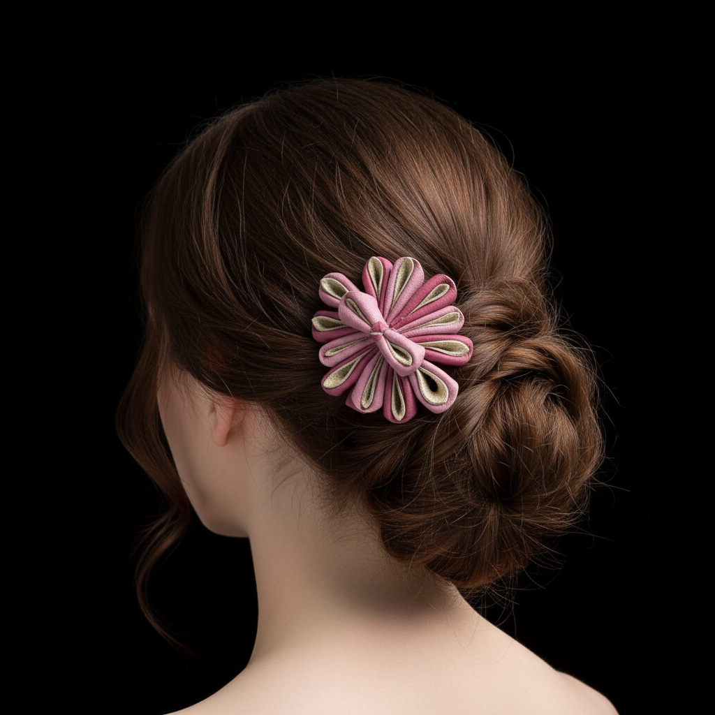 Model wearing pink and gold leather flower hair clip with black background