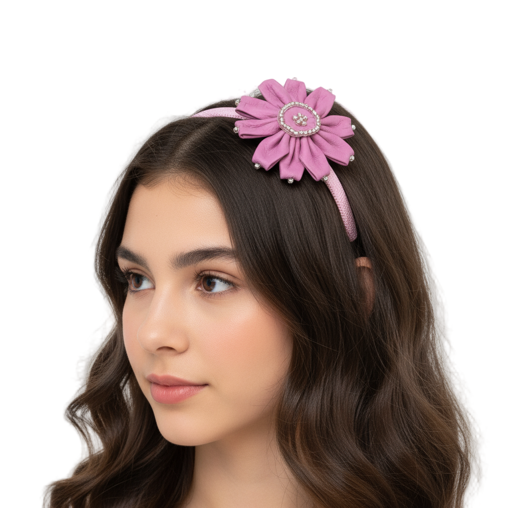Model wearing pink flower headband
