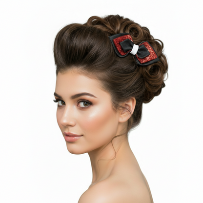 Model wearing red and black glitter bow - square format