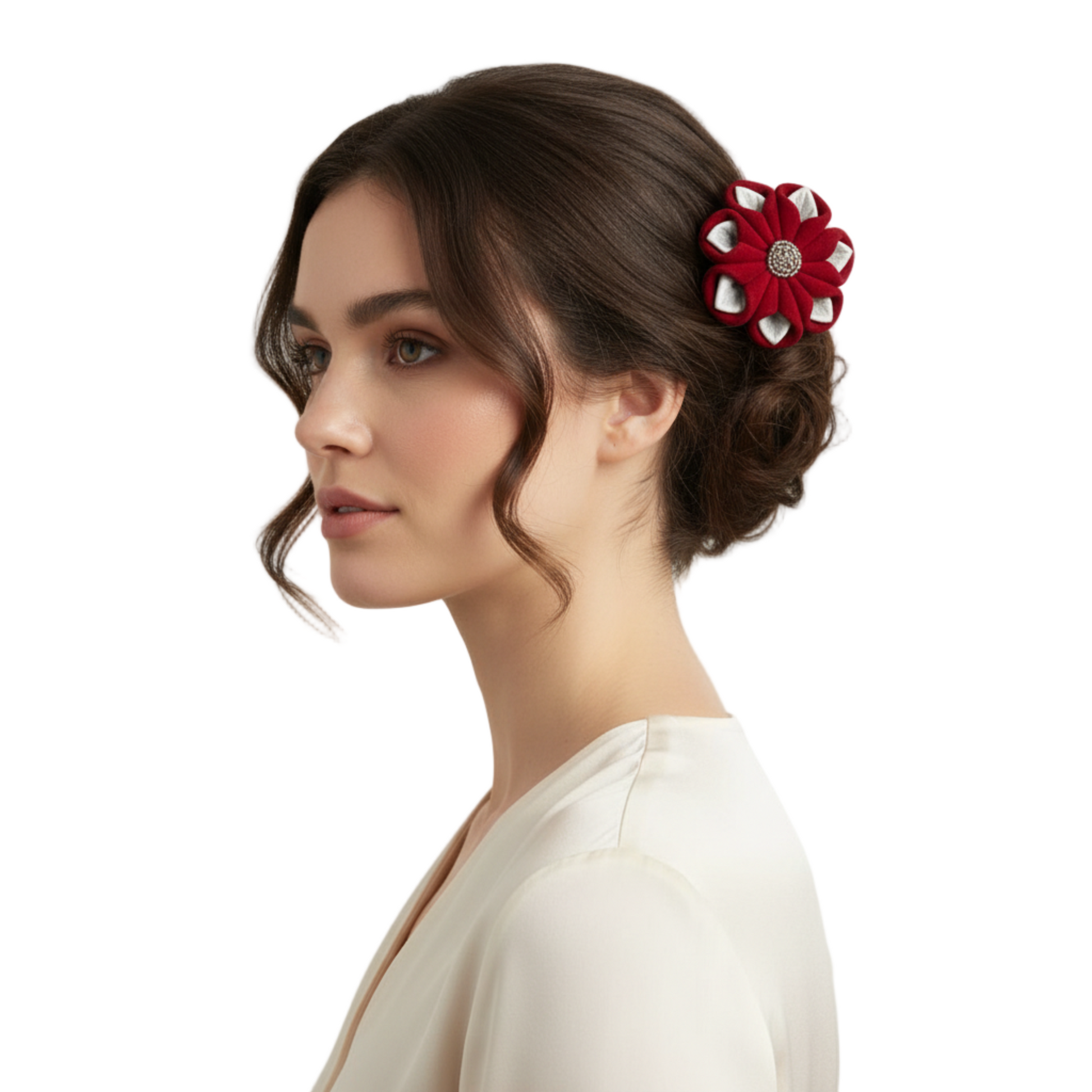 Model wearing red leather flower hair clip
