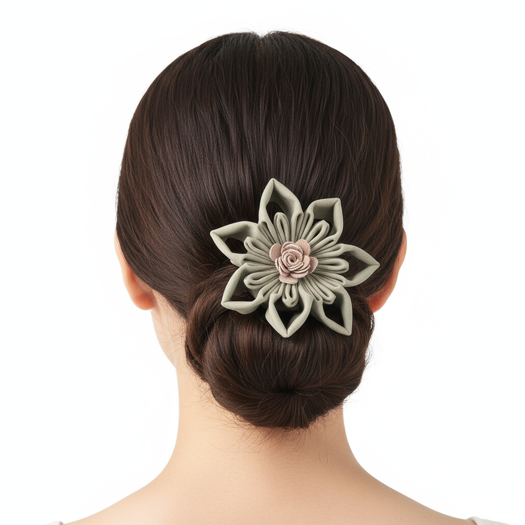Model wearing sage green flower hair tie