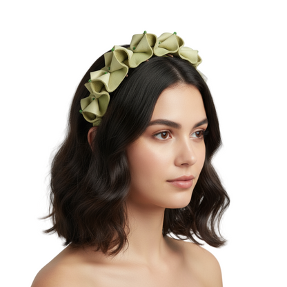 Model wearing sage green petal headband with uniform color