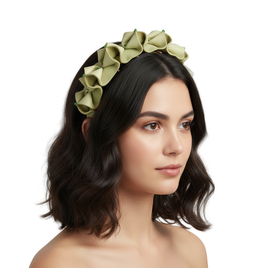 Model wearing sage green petal headband with uniform color