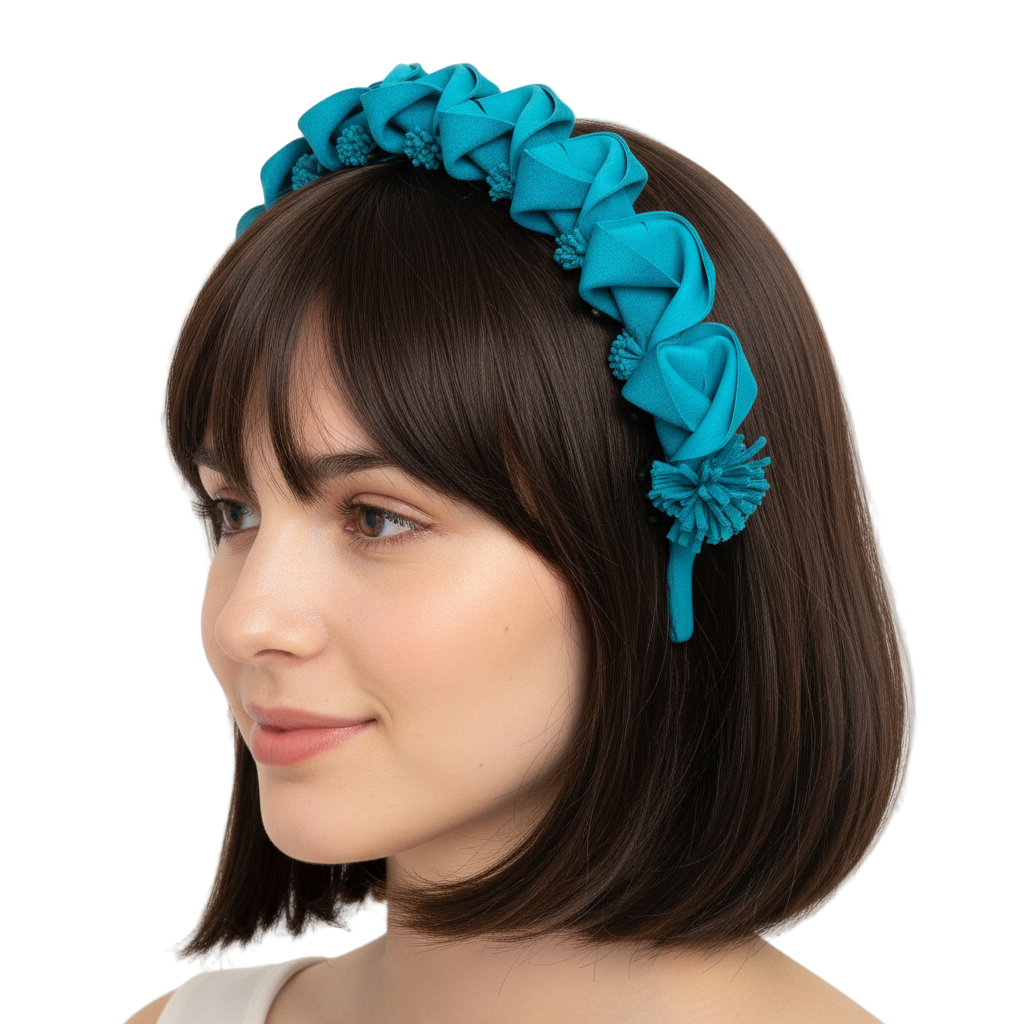 Model wearing turquoise blue petal headband