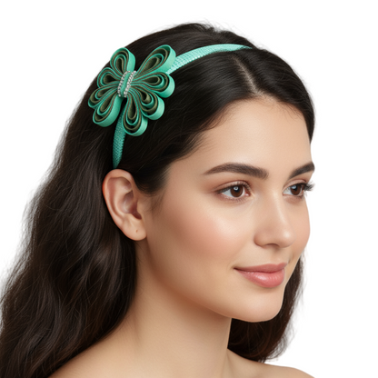 Model wearing turquoise ribbon loop flower headband