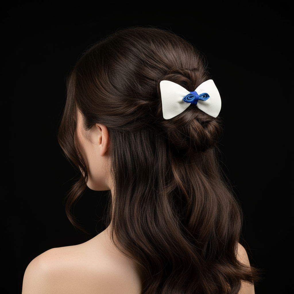 Model wearing white and blue leather bow hair clip with black background