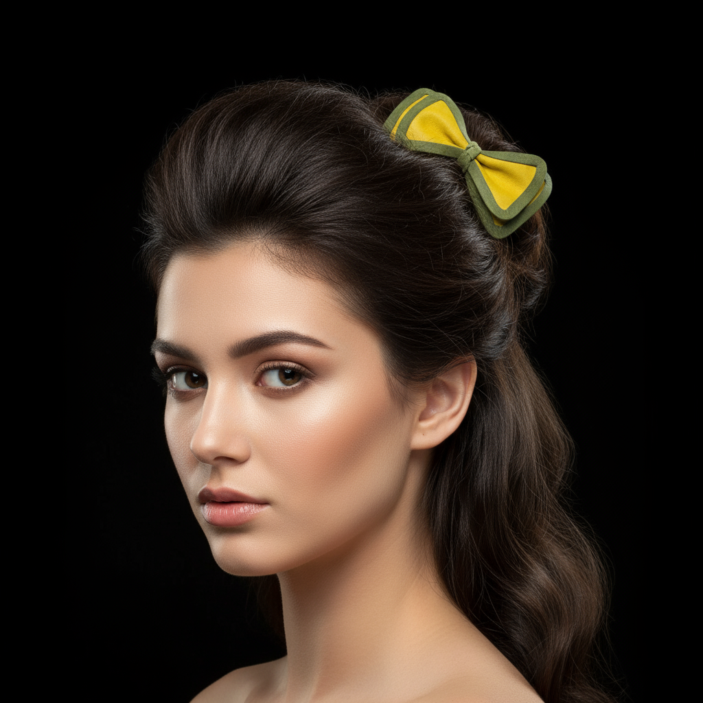 Model wearing yellow and green bow with black background