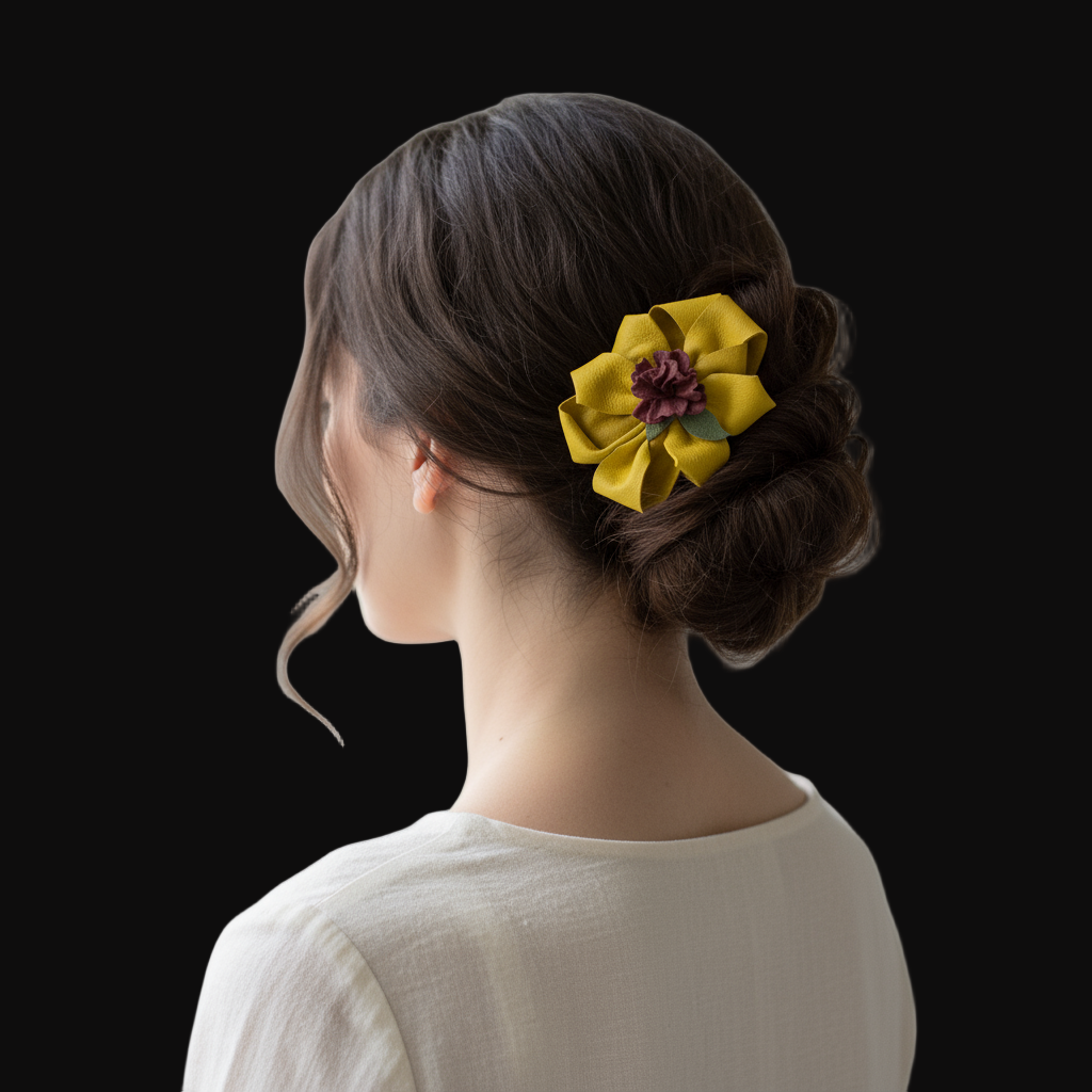 Model wearing yellow leather hair clip