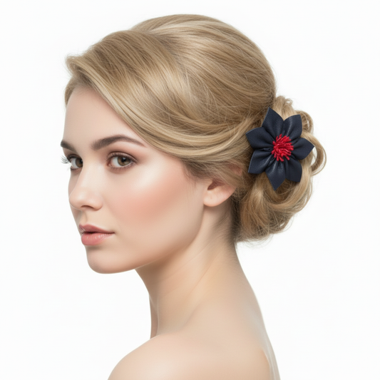 Model with lighter hair wearing navy leather flower clip