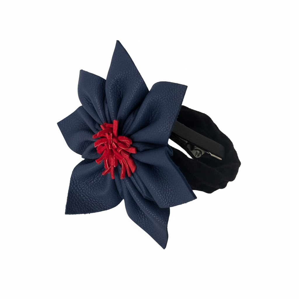 Navy leather flower clip - side view with clip