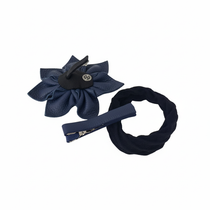 Navy leather flower clip with hair tie