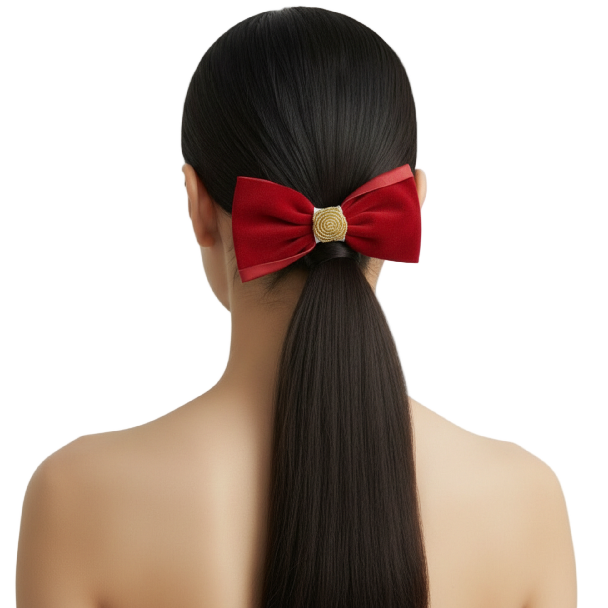 Red velvet bow hair clip with model facing back