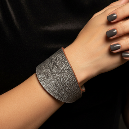 Silver Leather Cuff Front on Model